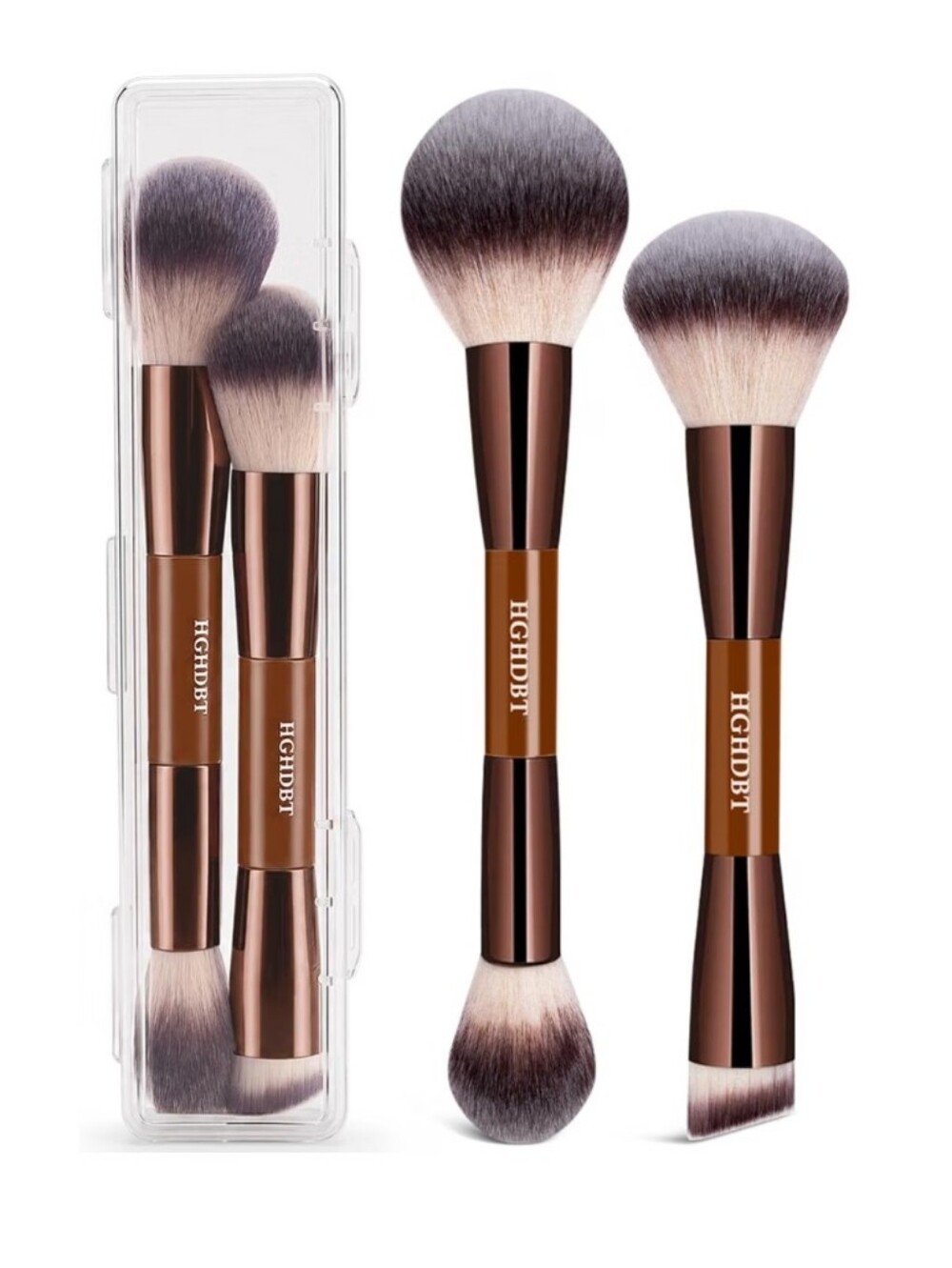 Brown Double-Ended Foundation Makeup Brushes Set Professional with Case 2Pcs
